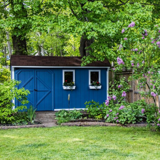 Blue She Shed with Window Flowers